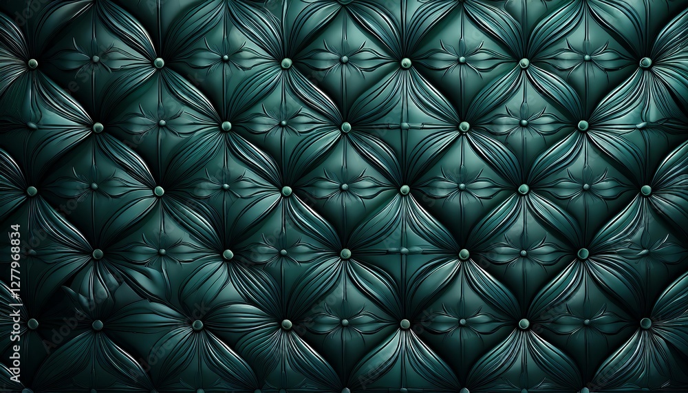 Poster a rich green tufted fabric with a glossy finish, featuring a pattern of padded squares, creating a l