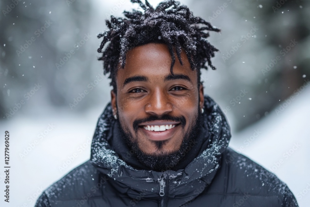 Poster smiling man in winter attire surrounded by snow-covered landscape during a snowfall in a forest sett