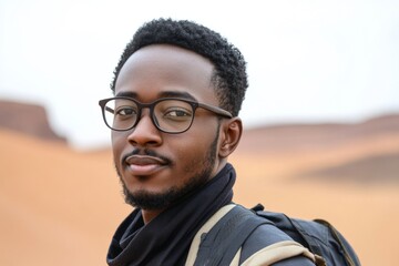 Obraz premium Young man with glasses poses confidently in a desert landscape during sunset