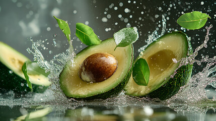 Fresh delicious avocado halves splashing with leaves on a white background ai generative