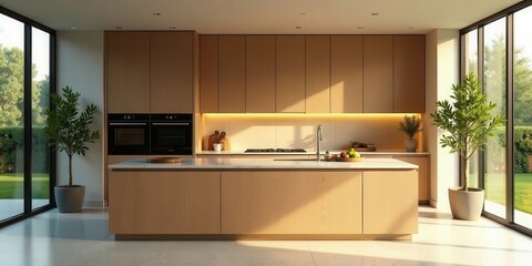 Modern kitchen island with light wood cabinetry and marble countertop, bathed in warm sunlight streaming through large windows