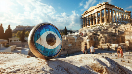 A striking blue talisman claims the spotlight while historic marble columns sit hazy under the warm Mediterranean light.