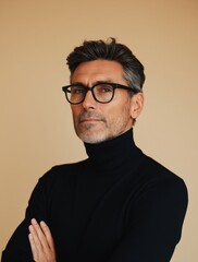 Fototapeta premium Stylish man in black turtleneck sweater with glasses poses confidently against a neutral backdrop