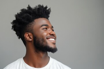 Fototapeta premium Charming Young Afro-Haired Man Smiling Thoughtfully in Casual Attire Against a Stylish Background
