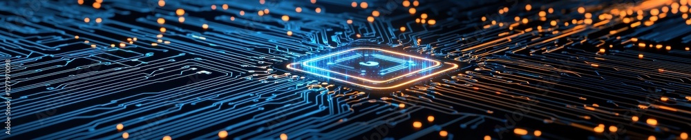 Poster futuristic microchip with light effects on circuit board