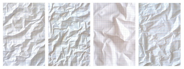 Crumpled white graph paper with blue grid lines isolated on transparent background PNG