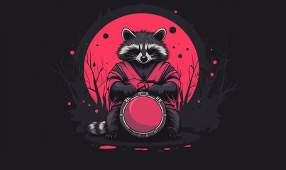 Japanese Raccoon Wielding Ceremonial Drum on Solid Background for a Playful and Mystical Scene