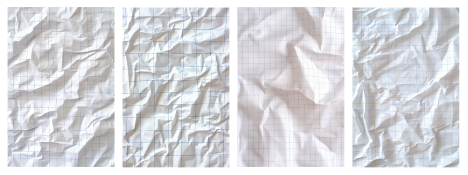 Crumpled white graph paper with blue grid lines isolated on transparent background PNG