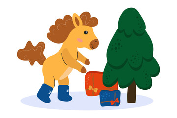 A cute pony in blue boots curiously approaches a stack of colorful gifts standing near a green Christmas tree in a snowy setting, creating a joyful holiday mood. A horse in blue boots