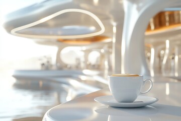 Elegant white cup of coffee on a sleek table in a modern cafe by the water at sunrise