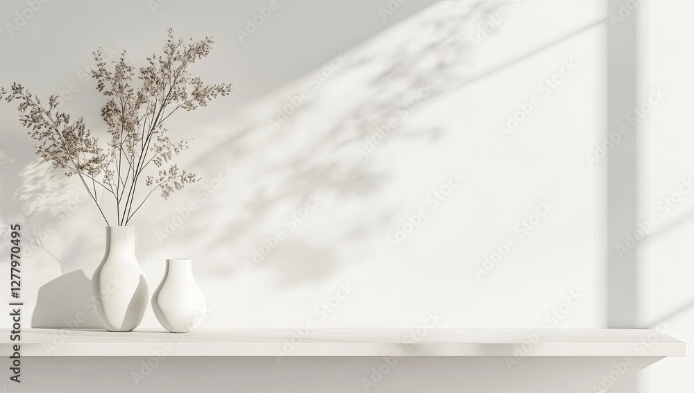 Poster minimalist shelf display with dried flowers and sunlight shadows
