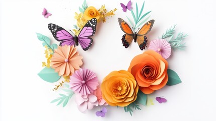 3D Round Bouquet Frame Featuring Paper Craft Flowers and a Butterfly, Vibrant Floral Design for Summer Celebrations