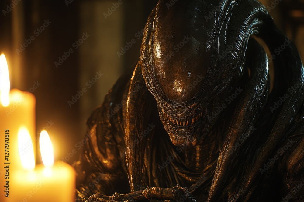 Poster alien creature illuminated by candles in a dark, mysterious setting with intricate details and textu