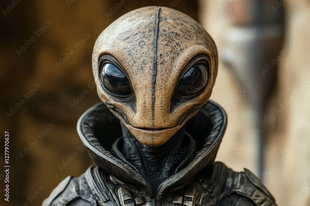 Poster alien character dressed in a futuristic outfit showcasing intricate details and textures in a sci-fi