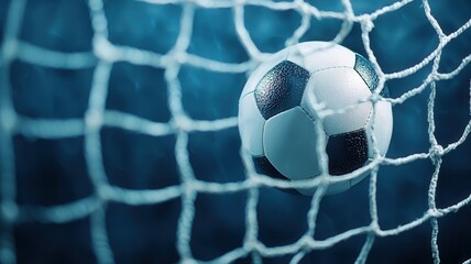 Fototapeta premium Soccer leather ball football play striking goal net during championship match, symbolizing game winning momentum with powerful impact sport