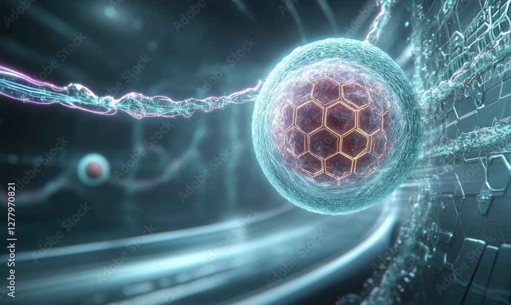 Poster Futuristic depiction of a cell interacting with a digital interface in a high-tech environment