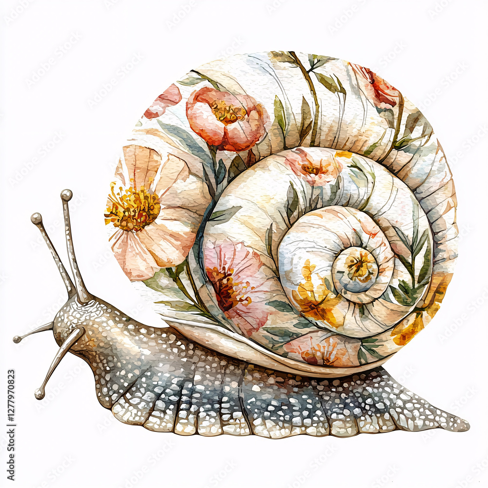 Poster decorative snail with floral patterns on its shell.