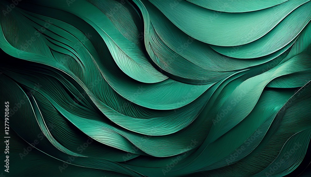 Poster a mesmerizing abstract design featuring layered green waves with intricate patterns, creating a sens