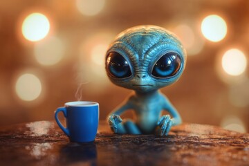Small alien character sitting at a table with a steaming cup in a cozy setting with warm lights