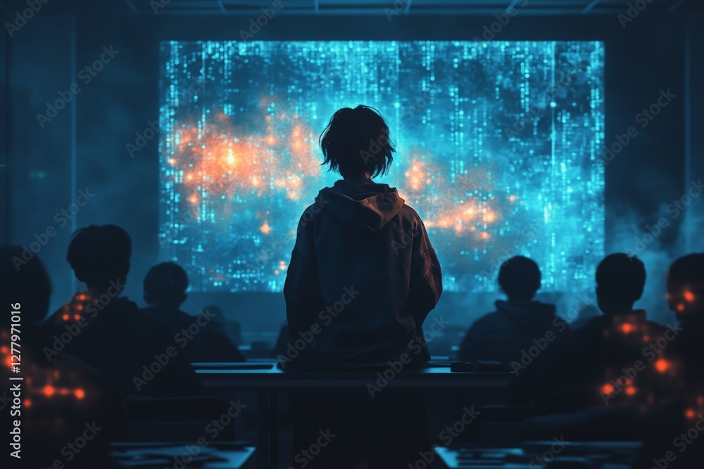 Poster students engage in an immersive digital learning experience in a futuristic classroom setting during