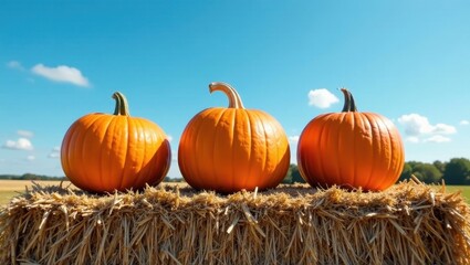Autumn Harvest Three Vibrant Pumpkins Resting Atop Golden Hay Bale Under a Sunny Sky