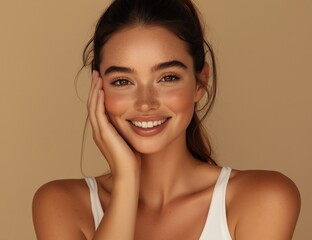 Smiling young woman with natural beauty showcases radiant skin against a warm backdrop