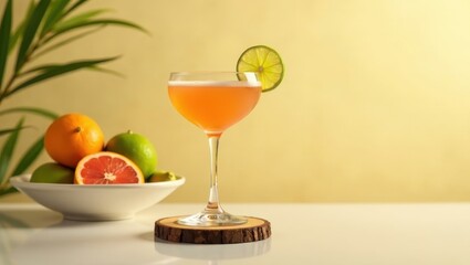 Refreshing citrus cocktail in elegant coupe glass, garnished with a lime wheel, presented on a wooden coaster near a bowl of assorted citrus fruits.
