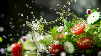 Fresh salad ingredients splashing in delicious olive oil ai generative