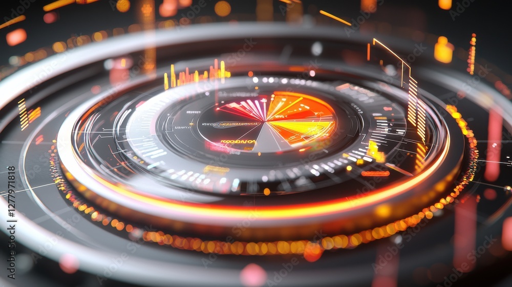 Poster futuristic digital dashboard with circular data displays and infographic elements