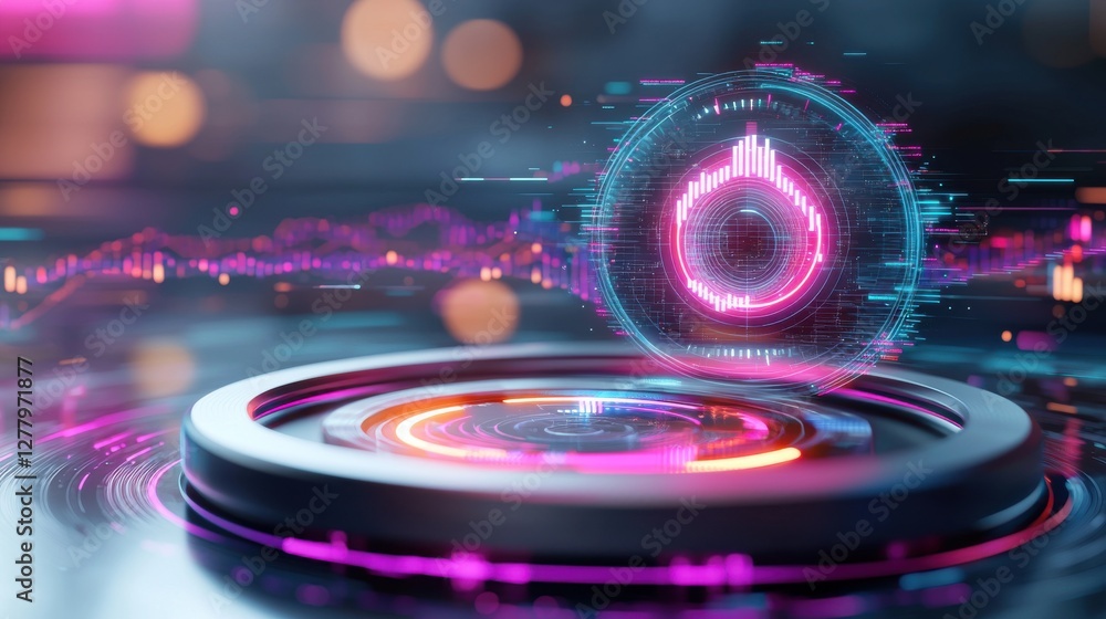 Aufkleber futuristic digital holographic technology backdrop with glowing neon lights and flowing particle str