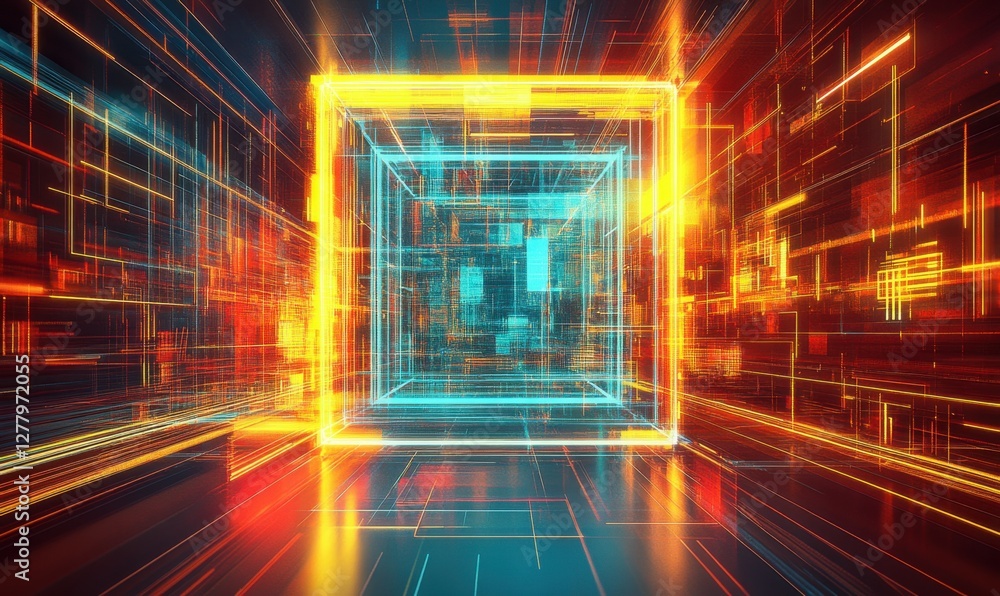 Poster futuristic digital tunnel with glowing cubes and vibrant colors, creating a dynamic atmosphere