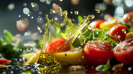 Fresh salad ingredients splashing in delicious olive oil ai generative