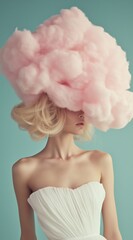Model wearing a pink cotton candy headpiece against a light blue background in a creative fashion display