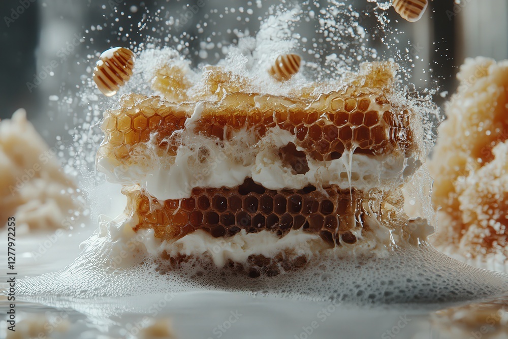 Aufkleber honeycomb splashing in milk, creating a dynamic and visually appealing image. perfect for food, drin