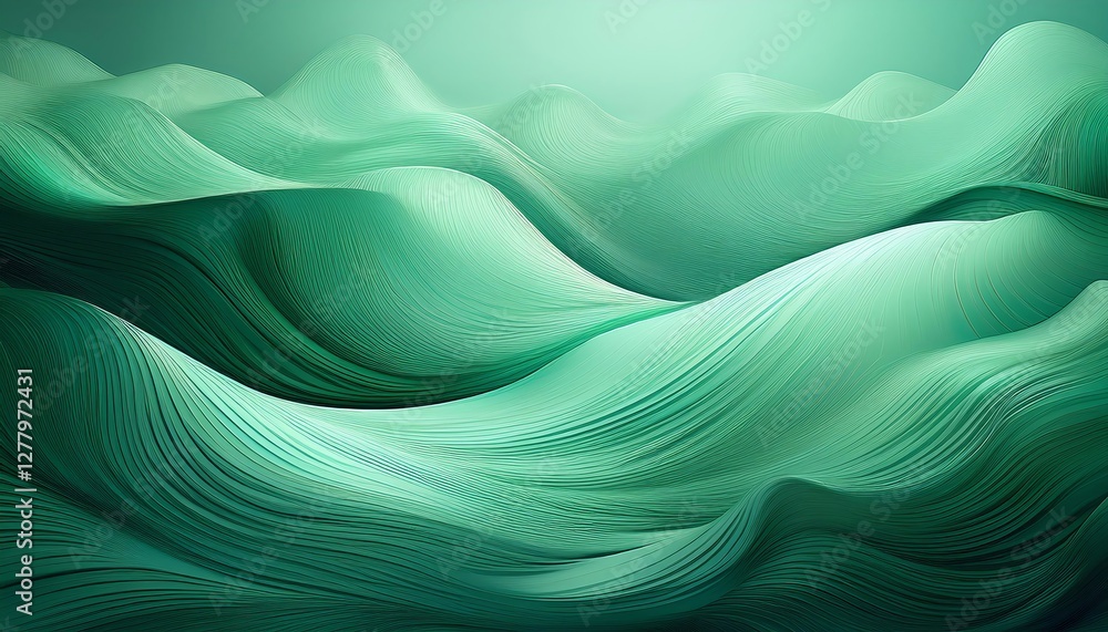 Poster a serene abstract depiction of flowing green waves, creating a tranquil and harmonious atmosphere.