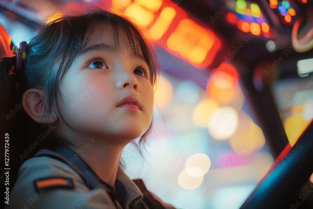 Poster young girl captivated by colorful lights in an arcade while pretending to drive an arcade game machi