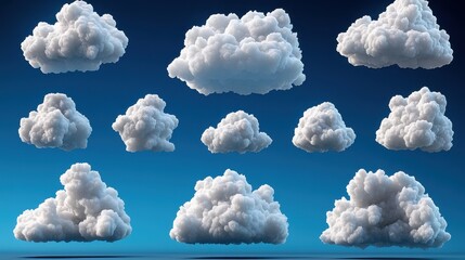 Collection of fluffy clouds on a blue sky background, isolated with no distractions.