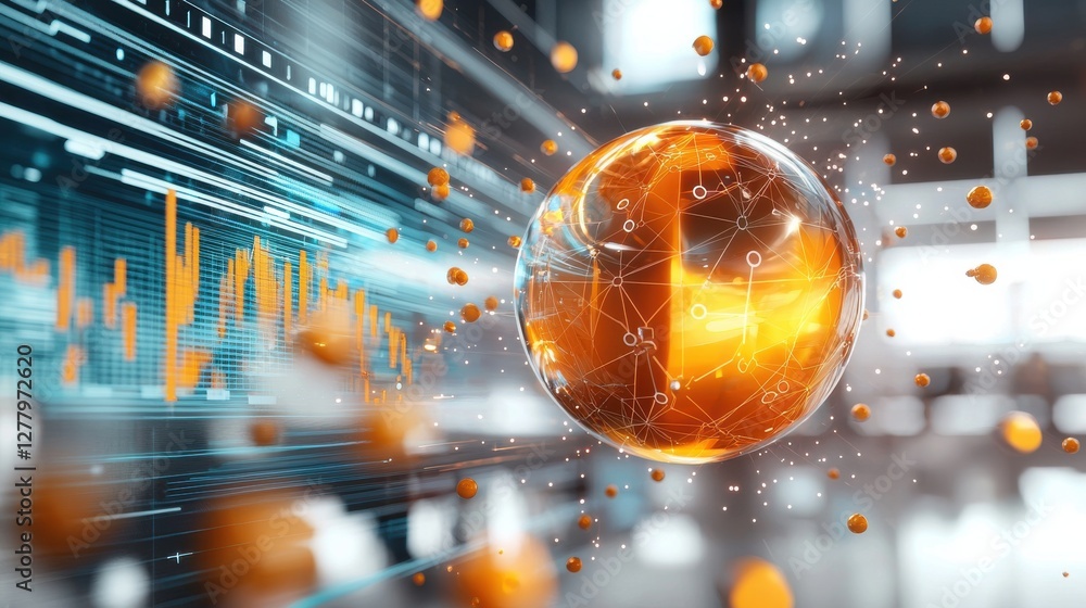 Poster futuristic digital globe with data visualization for financial analytics and global market trading