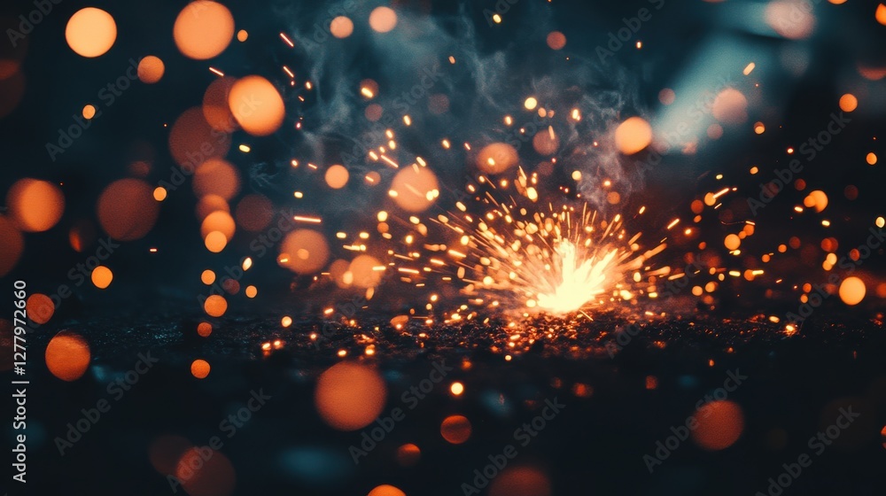 Poster spark of light igniting in dark background with bokeh effect