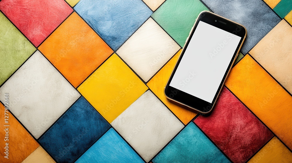 Poster smartphone on colorful geometric pattern background in vibrant colors and textured design