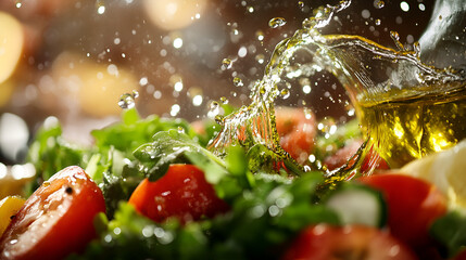 Fresh salad ingredients splashing in delicious olive oil ai generative
