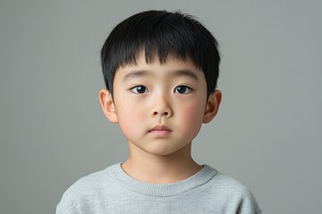 Young boy with dark hair and big eyes poses calmly against a neutral background in a simple gray shirt
