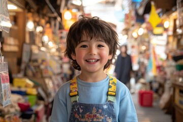 Happy child exploring a bustling market filled with colorful items and unique treasures