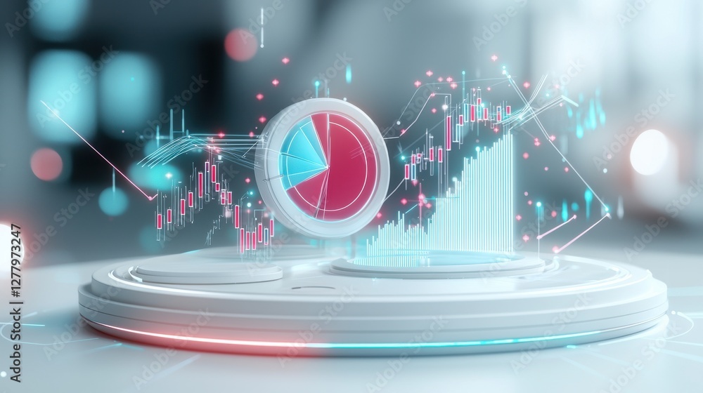 Poster dynamic financial data dashboard with vibrant holographic charts and graphs