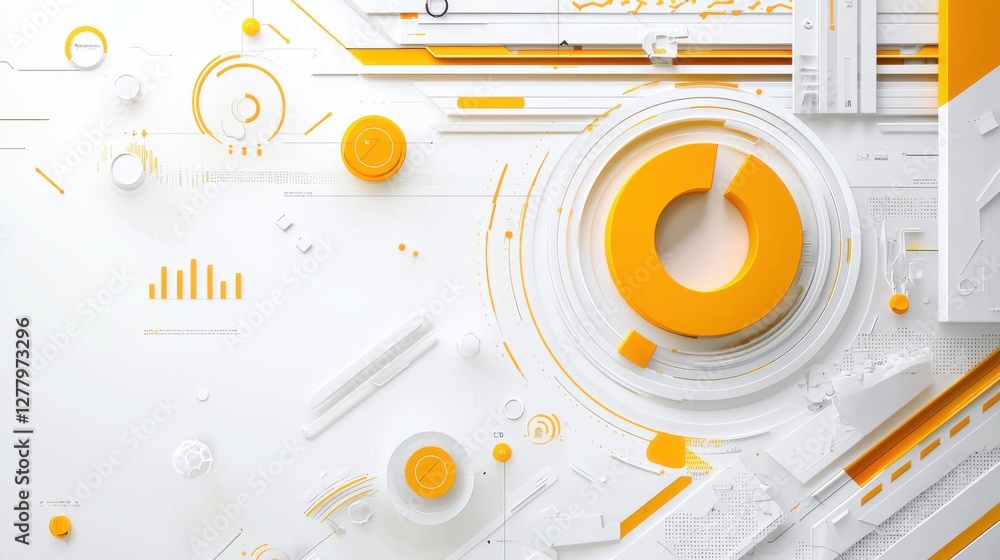 Poster vibrant abstract geometric pattern with overlapping shapes and circles in bright orange and white co