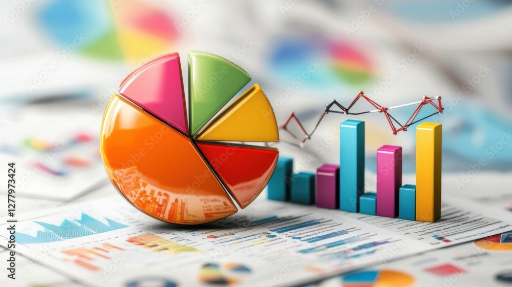 Poster detailed financial data analytics dashboard with pie and bar charts
