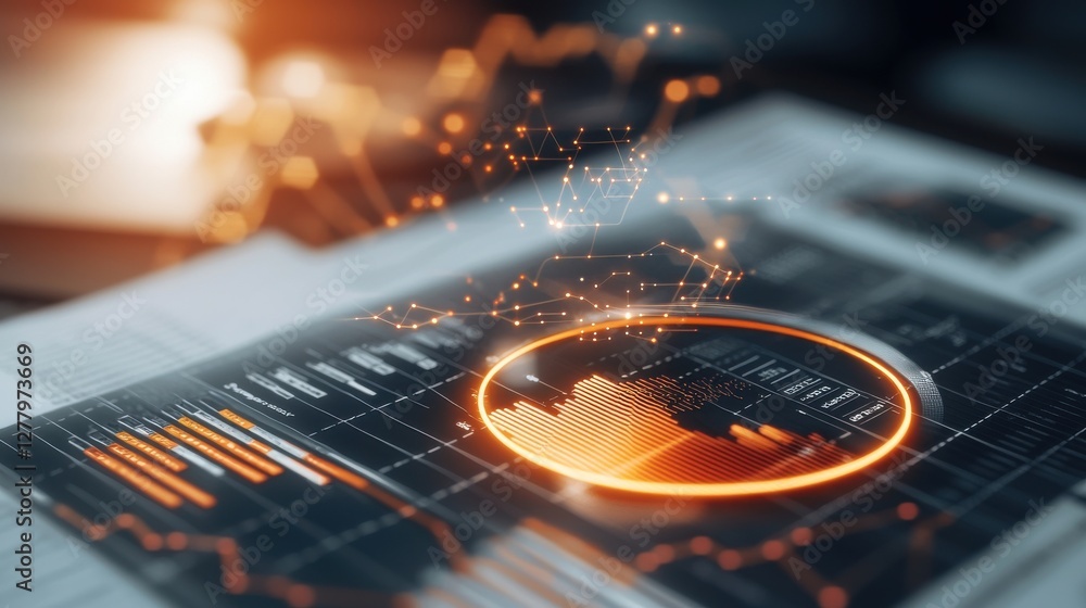 Poster digital financial data analytics dashboard with graphs and charts showing global market trends and p