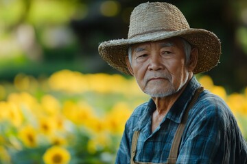 Elderly farmer enjoys peaceful moments among vibrant sunflowers in a rural landscape at sunset