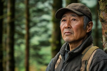 Obraz premium Elderly man reflecting thoughtfully in a serene forest during the early morning light