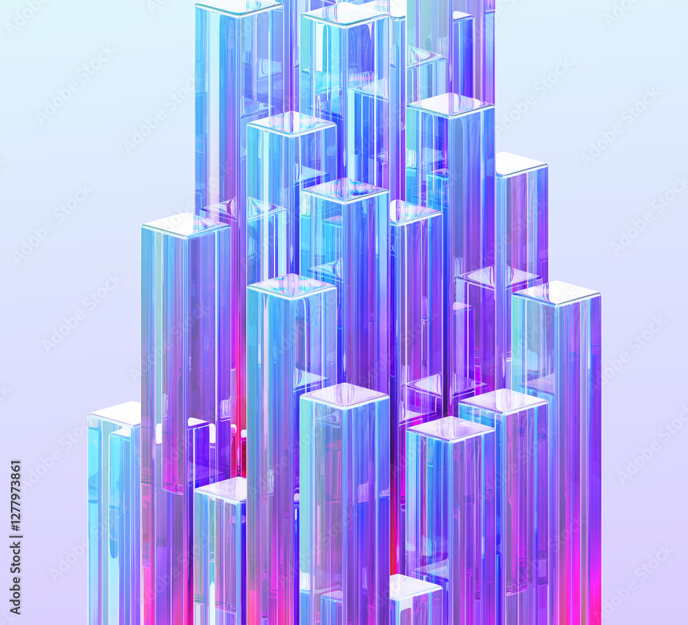 Poster neon glass pillars 3d background. crystal holographic square columns with rainbow light flare and sp